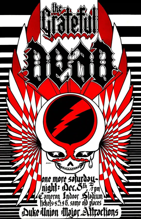 Grateful Dead 1973 Durham, NC Duke University Concert Poster featuring white, black, and charcoal vertical artwork.