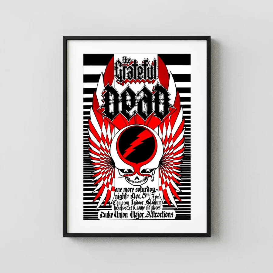 Grateful Dead 1973 Durham, NC Duke University Concert Poster featuring white, black, and charcoal vertical artwork.