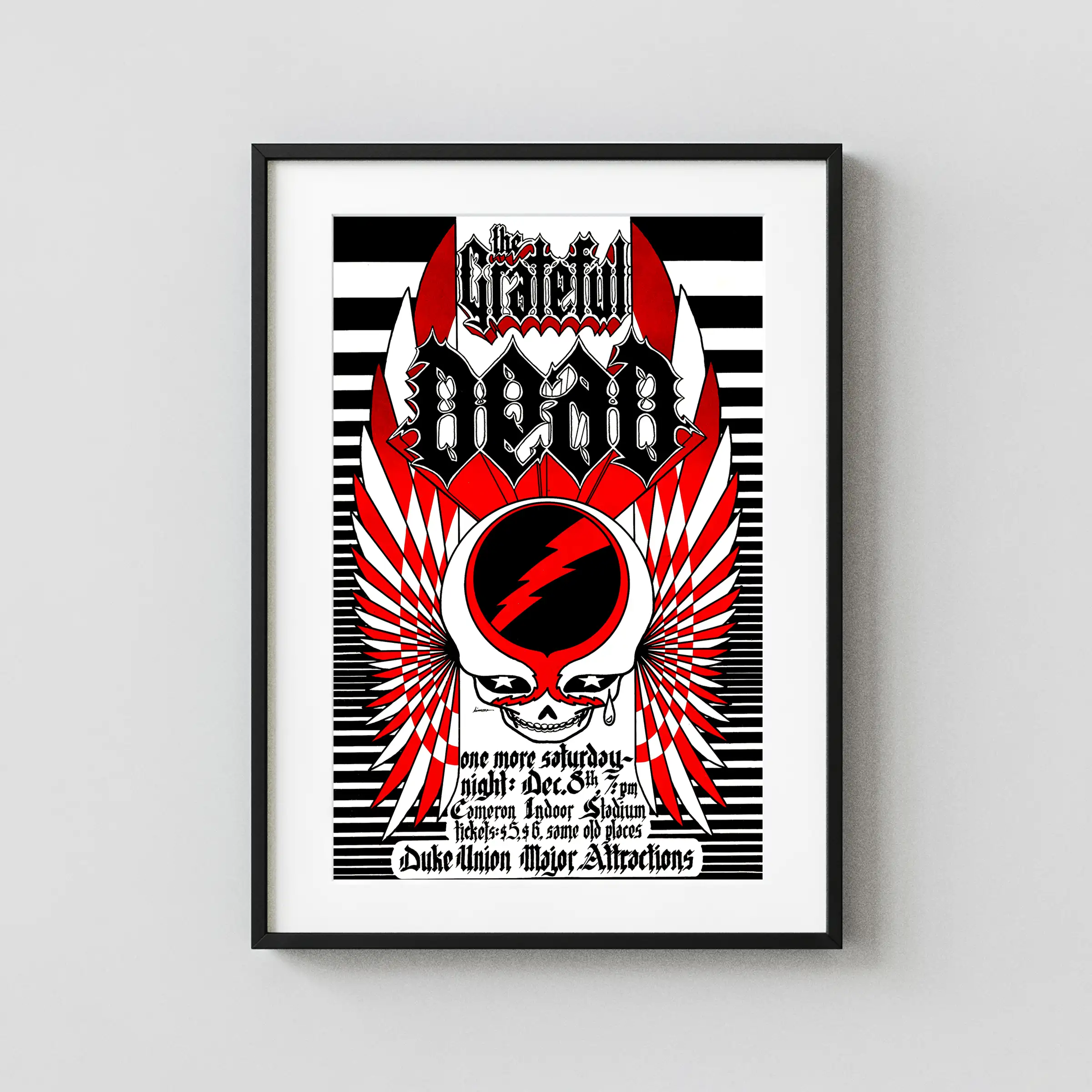Grateful Dead 1973 Durham, NC Duke University Concert Poster featuring white, black, and charcoal vertical artwork.