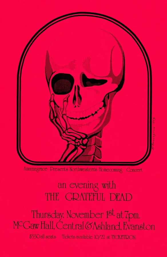 Grateful Dead poster with magenta, burgundy, and white artwork and period lettering.