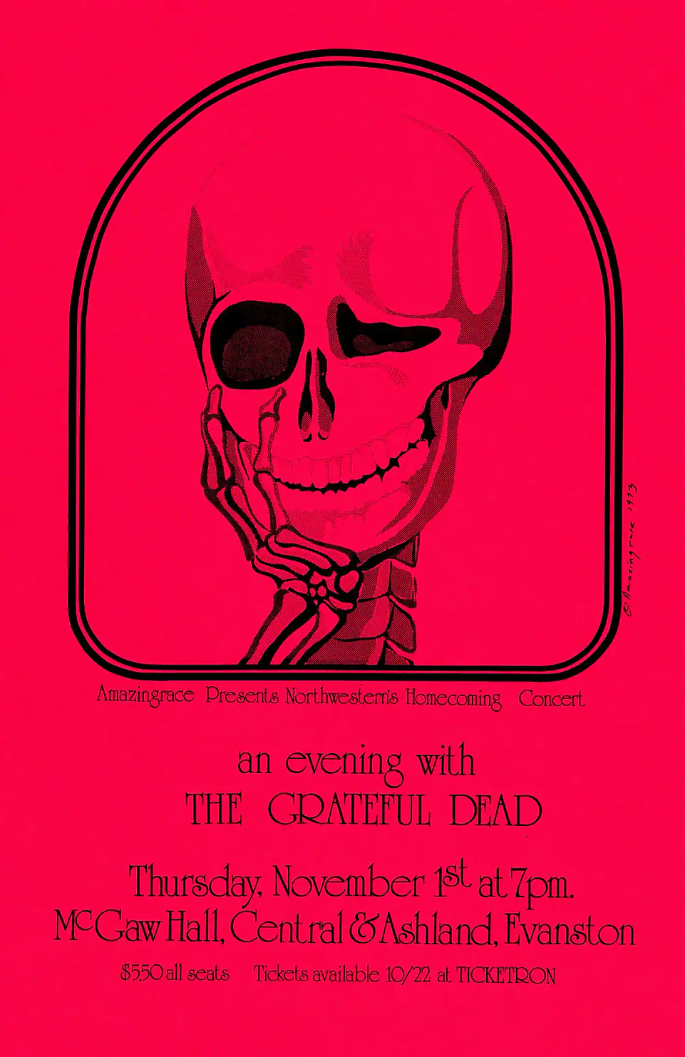 Grateful Dead poster with magenta, burgundy, and white artwork and period lettering.