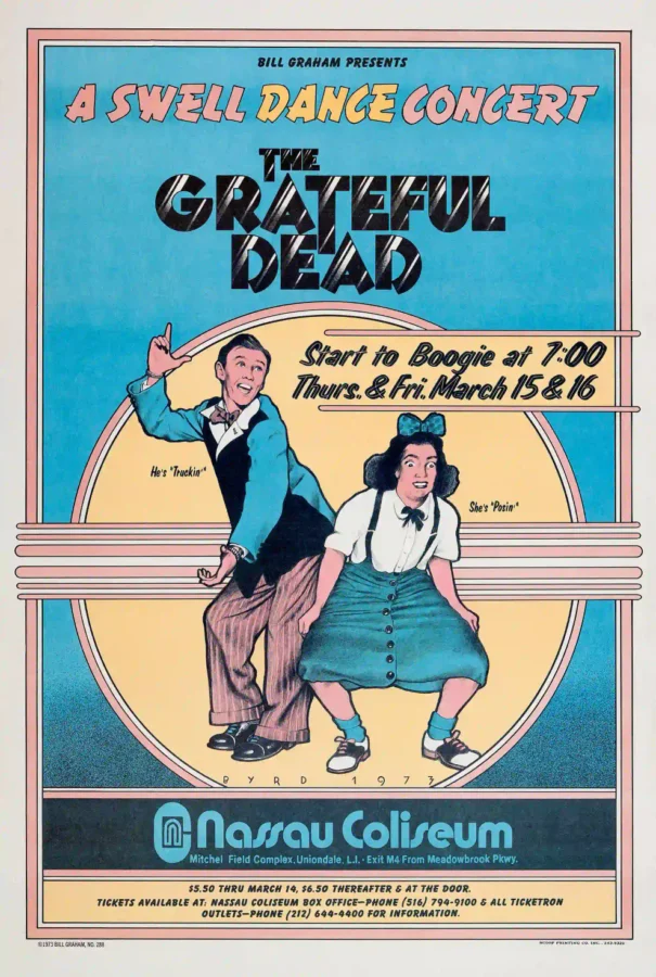 Grateful Dead 1973 Nassau Coliseum Reproduction Concert Poster featuring light gray, cream, and red vertical artwork.