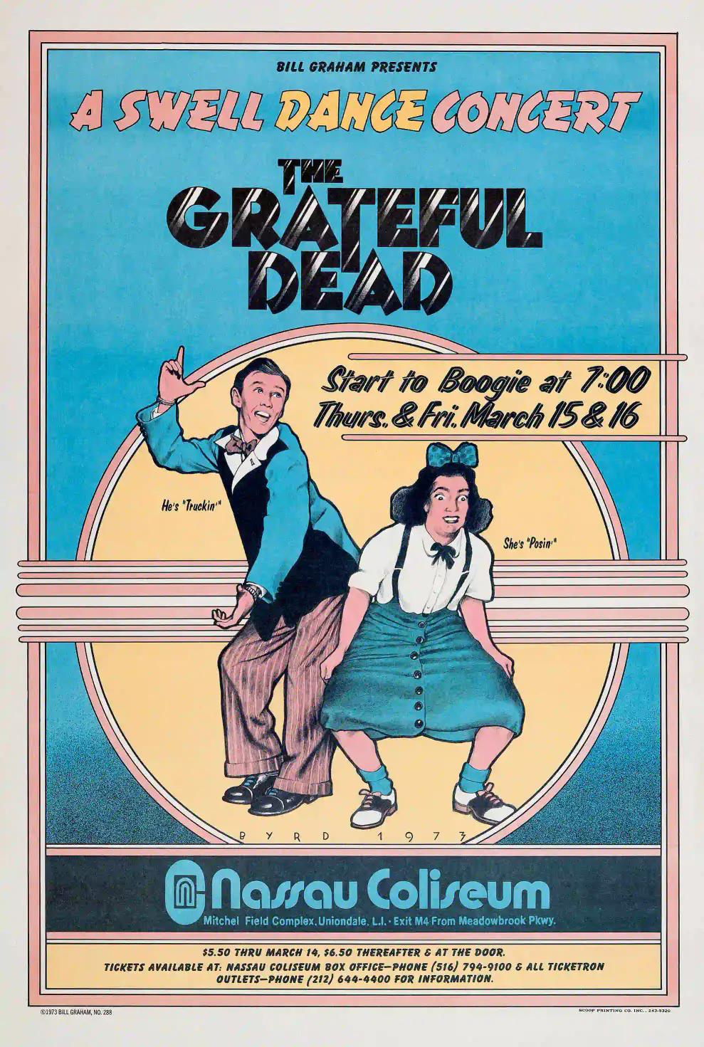 Grateful Dead 1973 Nassau Coliseum Reproduction Concert Poster featuring light gray, cream, and red vertical artwork.