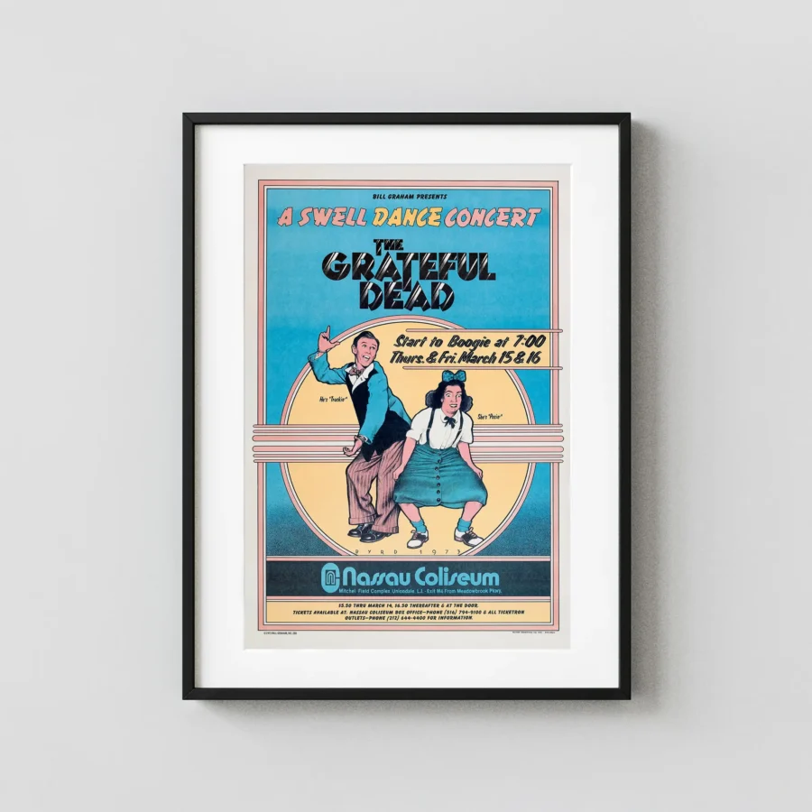 Grateful Dead 1973 Nassau Coliseum Reproduction Concert Poster featuring light gray, cream, and red vertical artwork.