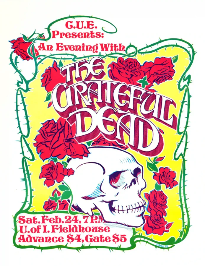 Grateful Dead 1973 University of Iowa Concert Poster featuring white, yellow, and green vertical artwork.