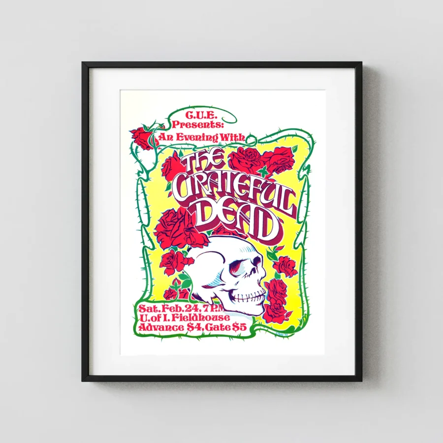 Grateful Dead 1973 University of Iowa Concert Poster featuring white, yellow, and green vertical artwork.