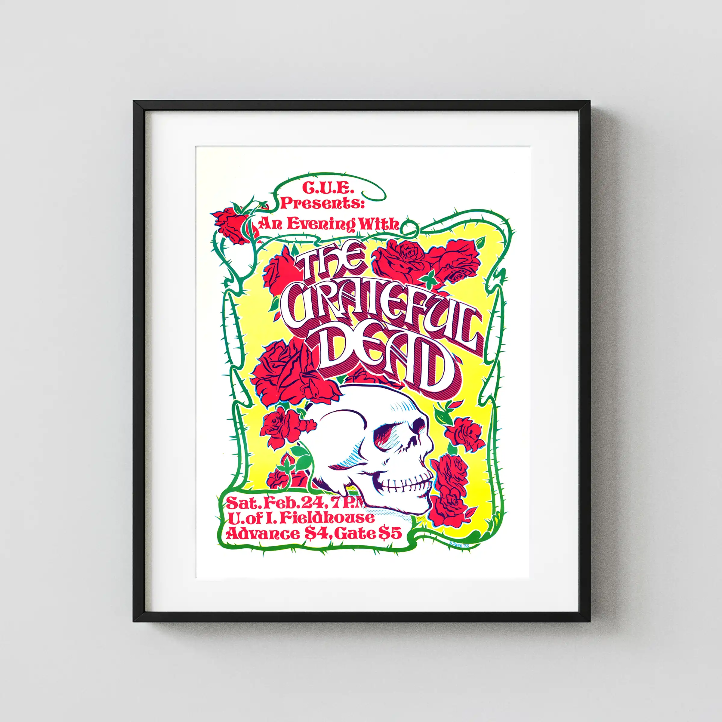 Grateful Dead 1973 University of Iowa Concert Poster featuring white, yellow, and green vertical artwork.
