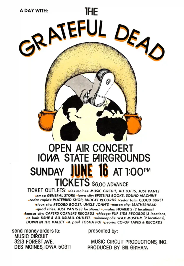 Grateful Dead 1974 Des Moines, IA Sunday Afternoon Concert Poster featuring white, light gray, and gray vertical artwork.