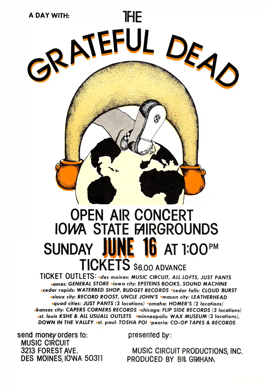 Grateful Dead 1974 Des Moines, IA Sunday Afternoon Concert Poster featuring white, light gray, and gray vertical artwork.