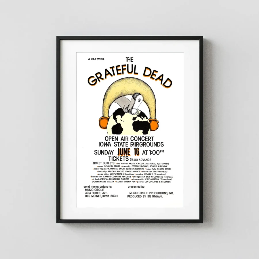 Grateful Dead 1974 Des Moines, IA Sunday Afternoon Concert Poster featuring white, light gray, and gray vertical artwork.