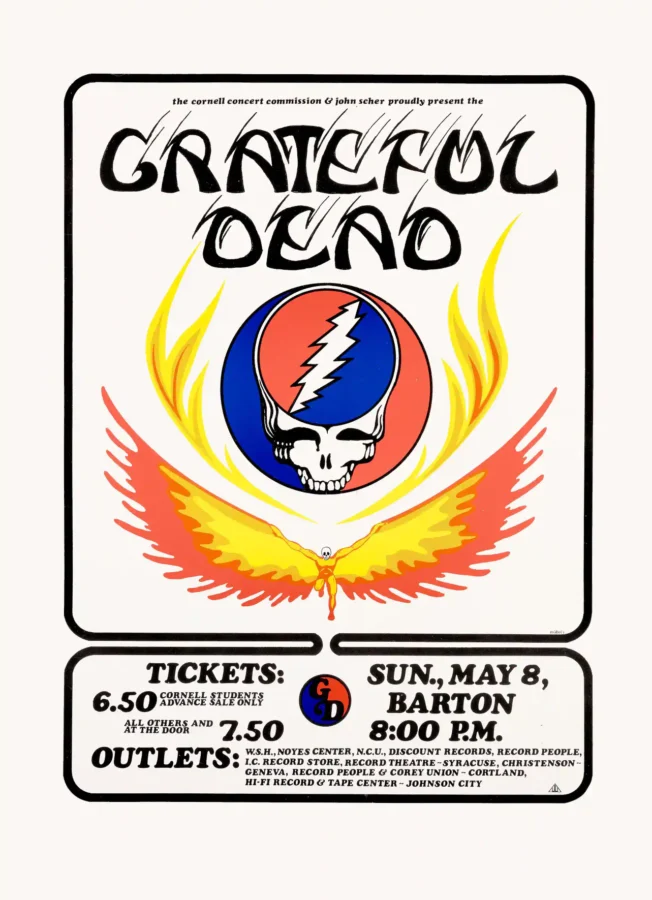 Grateful Dead poster with white, light gray, and slate gray artwork and period lettering.
