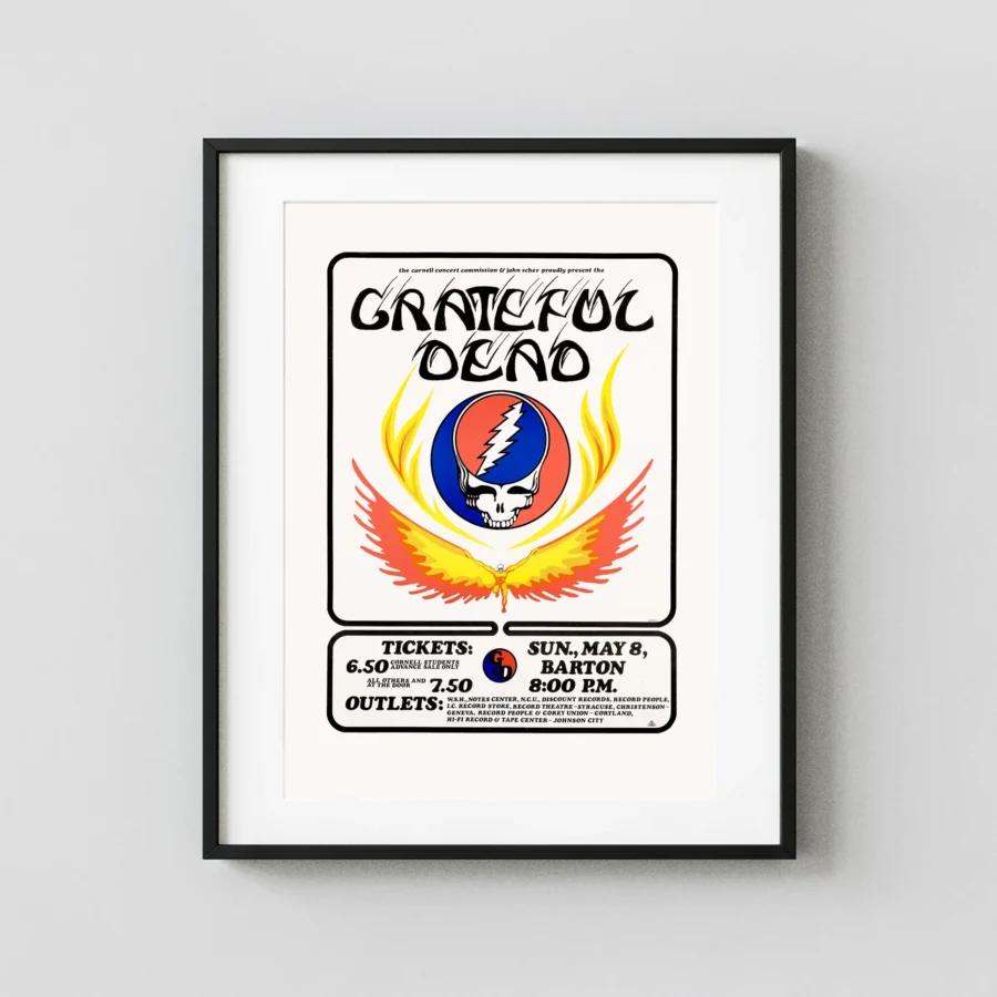 Grateful Dead poster with white, light gray, and slate gray artwork and period lettering.