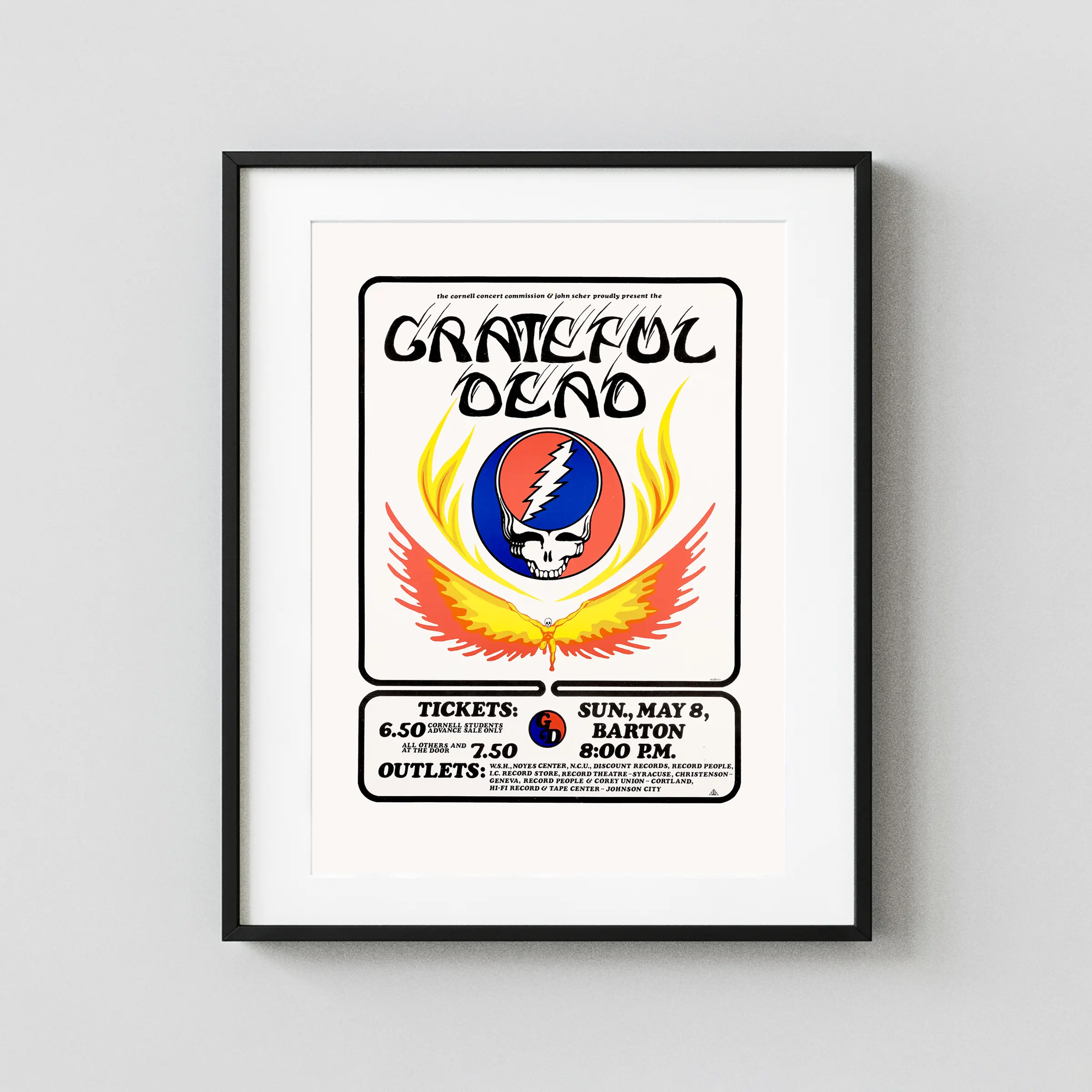 Grateful Dead poster with white, light gray, and slate gray artwork and period lettering.