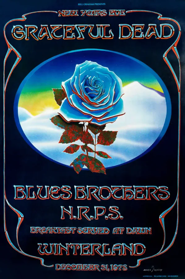 Grateful Dead poster with black, charcoal, and white artwork and period lettering.