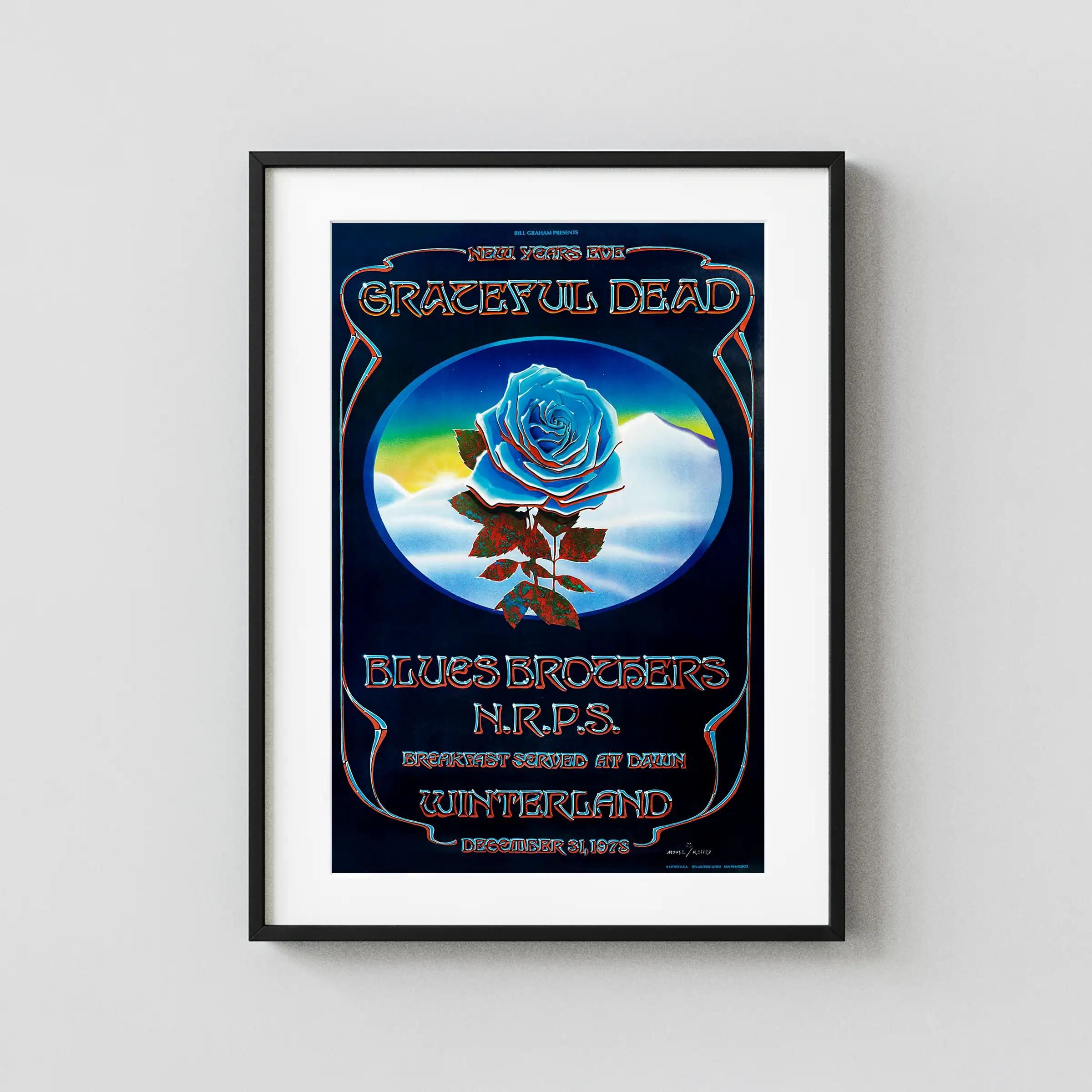 Grateful Dead poster with black, charcoal, and white artwork and period lettering.