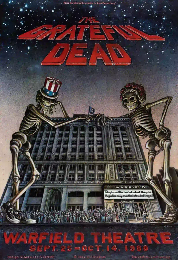 Grateful Dead 1980 Warfield Theatre, San Francisco Concert Poster featuring charcoal, white, and gray vertical artwork.