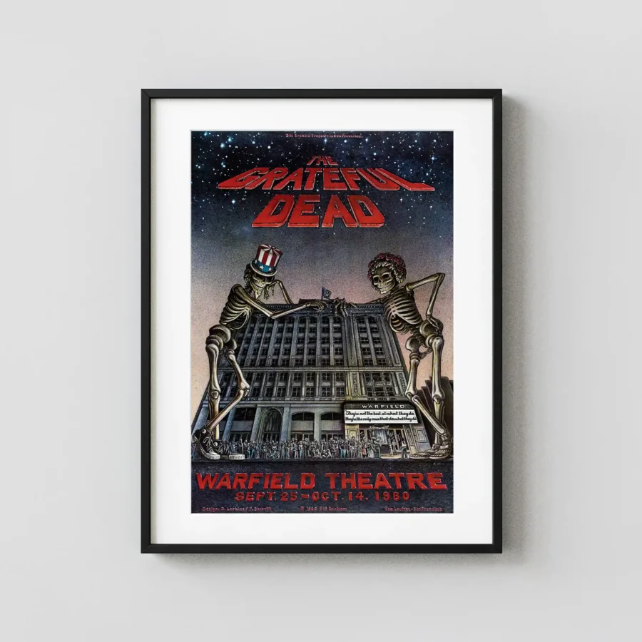 Grateful Dead 1980 Warfield Theatre, San Francisco Concert Poster featuring charcoal, white, and gray vertical artwork.
