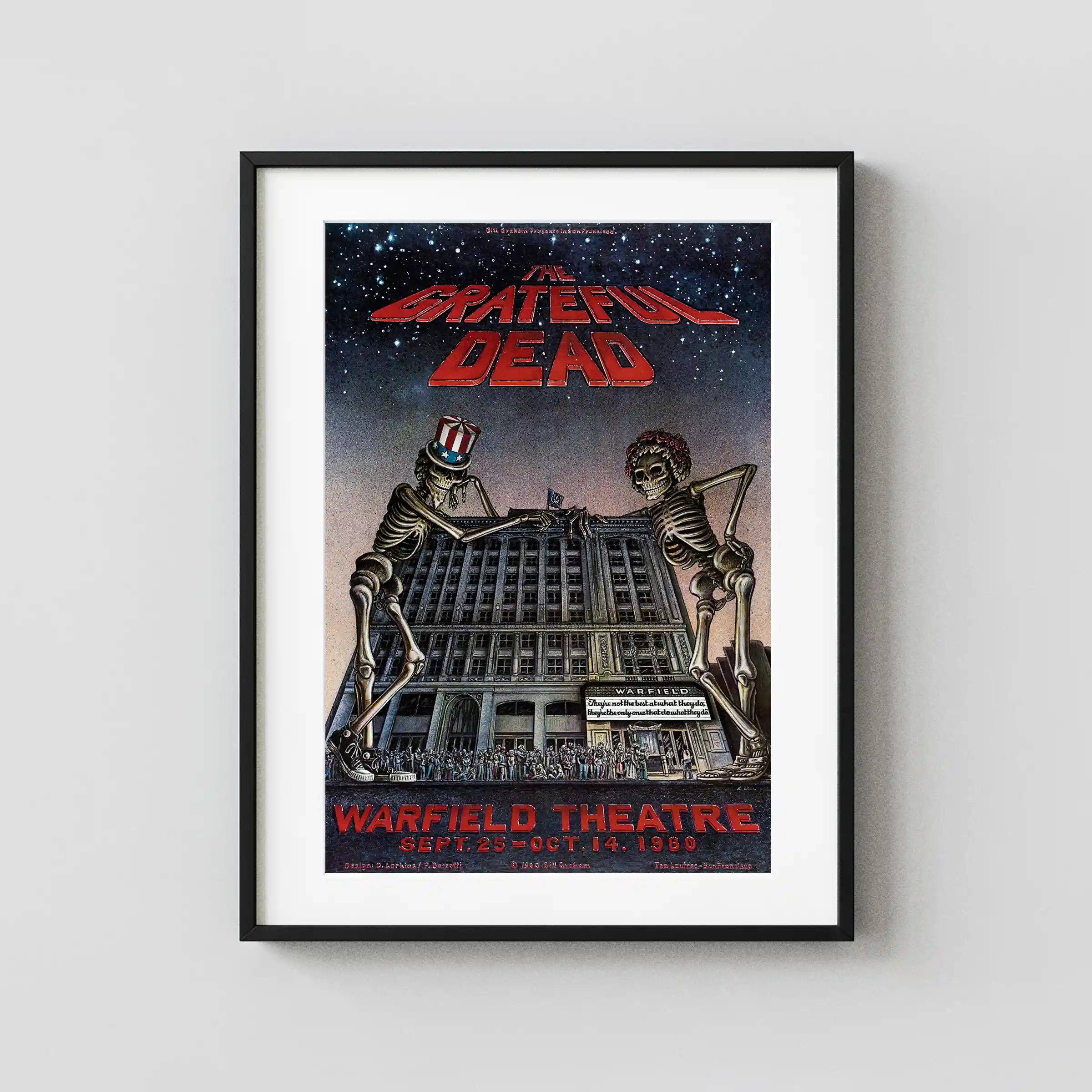 Grateful Dead 1980 Warfield Theatre, San Francisco Concert Poster featuring charcoal, white, and gray vertical artwork.