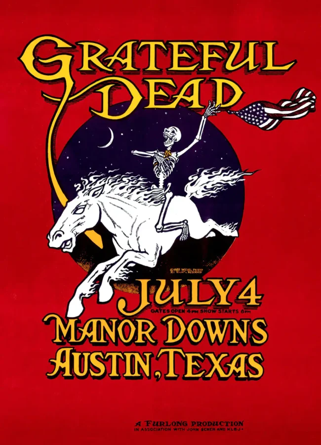 Grateful Dead 1981 Manor Downs Austin, TX Micael Priest Concert Poster featuring red, white, and black vertical artwork.
