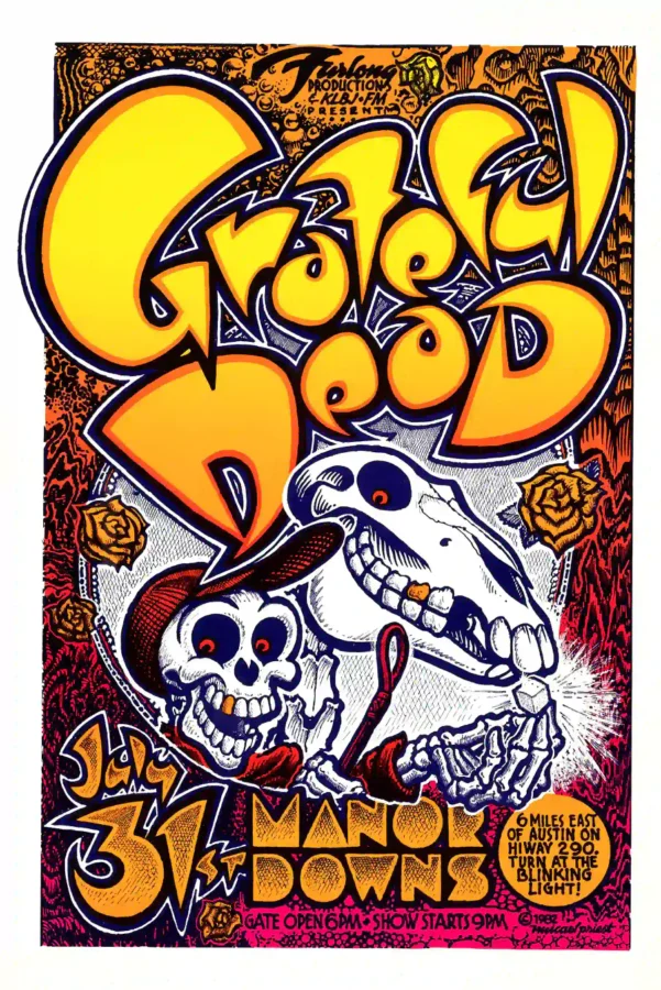 Grateful Dead 1982 Austin, TX Manor Downs Concert Poster featuring white, yellow, and orange vertical artwork.