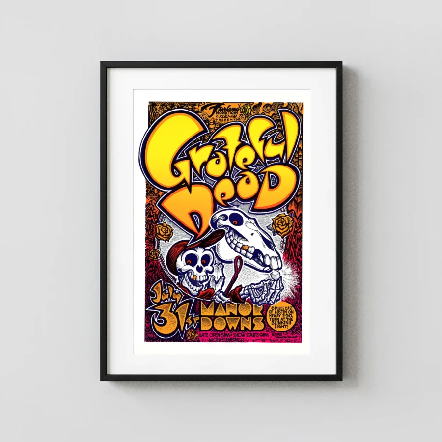 Grateful Dead 1982 Austin, TX Manor Downs Concert Poster featuring white, yellow, and orange vertical artwork.