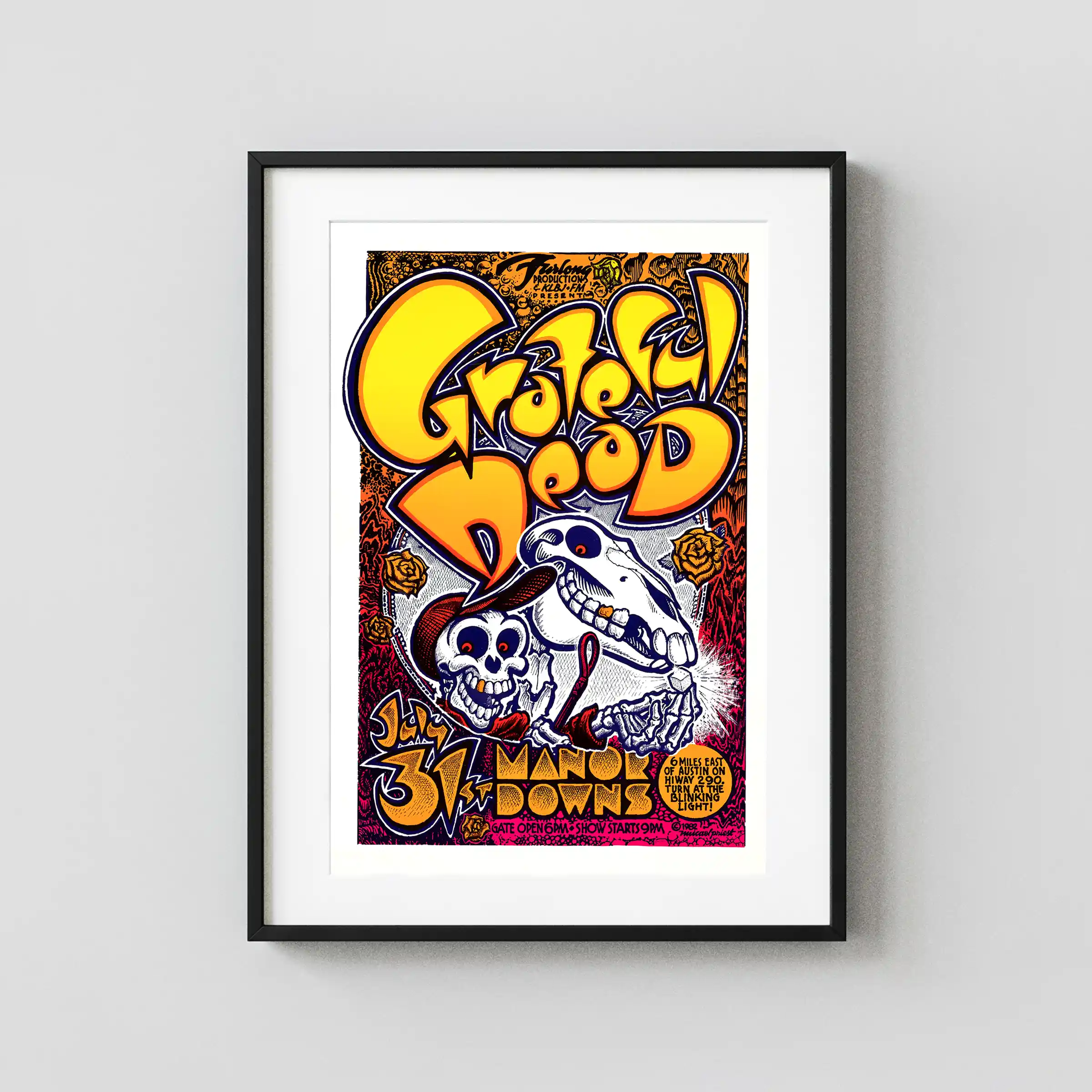Grateful Dead 1982 Austin, TX Manor Downs Concert Poster featuring white, yellow, and orange vertical artwork.