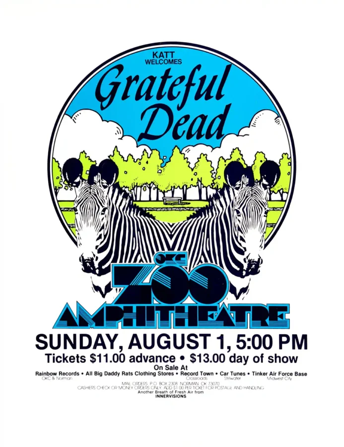 Grateful Dead 1982 Oklahoma City, OK Zoo Amphitheatre Concert Poster featuring white, gray, and light gray vertical artwork.