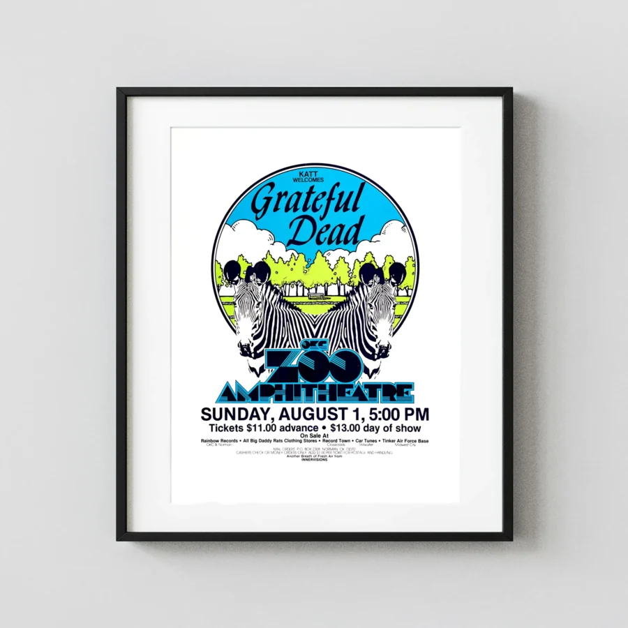 Grateful Dead 1982 Oklahoma City, OK Zoo Amphitheatre Concert Poster featuring white, gray, and light gray vertical artwork.