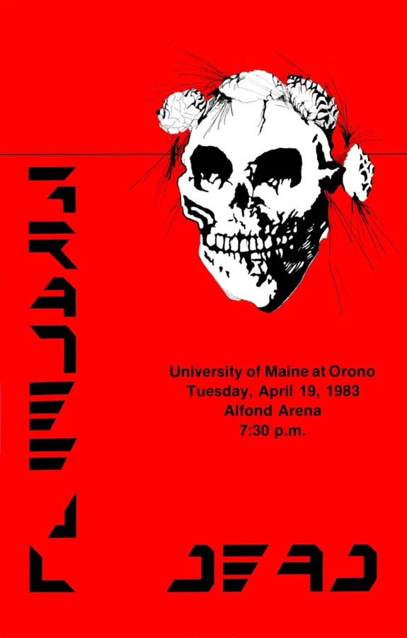 Grateful Dead 1983 University of Maine Concert Poster featuring red, white, and black vertical artwork.