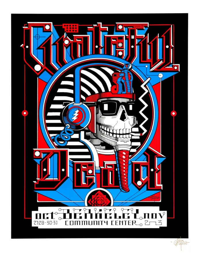 Grateful Dead 1984 Berkeley, CA "Pharoh" Concert Poster featuring black, white, and slate gray vertical artwork.