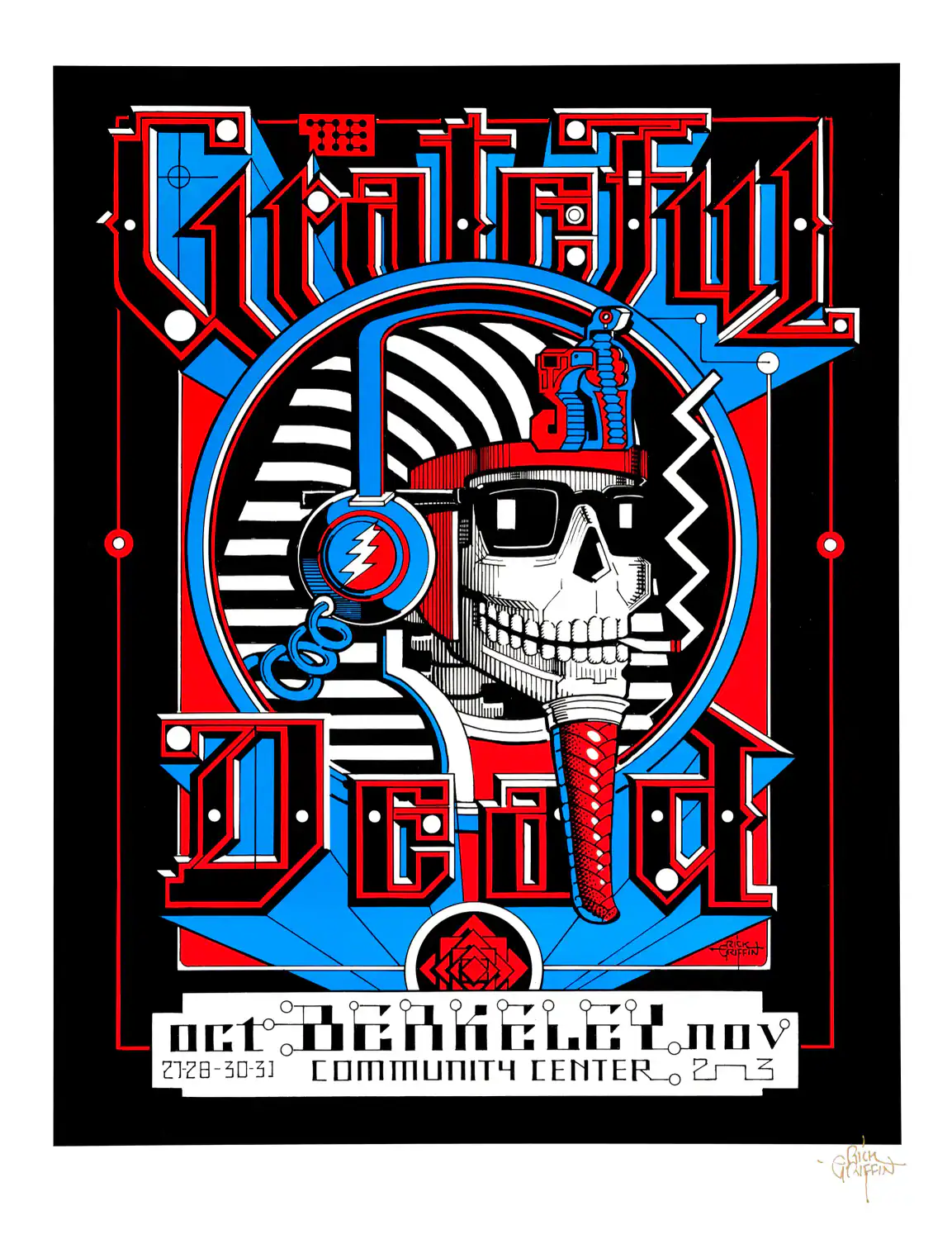 Grateful Dead 1984 Berkeley, CA "Pharoh" Concert Poster featuring black, white, and slate gray vertical artwork.