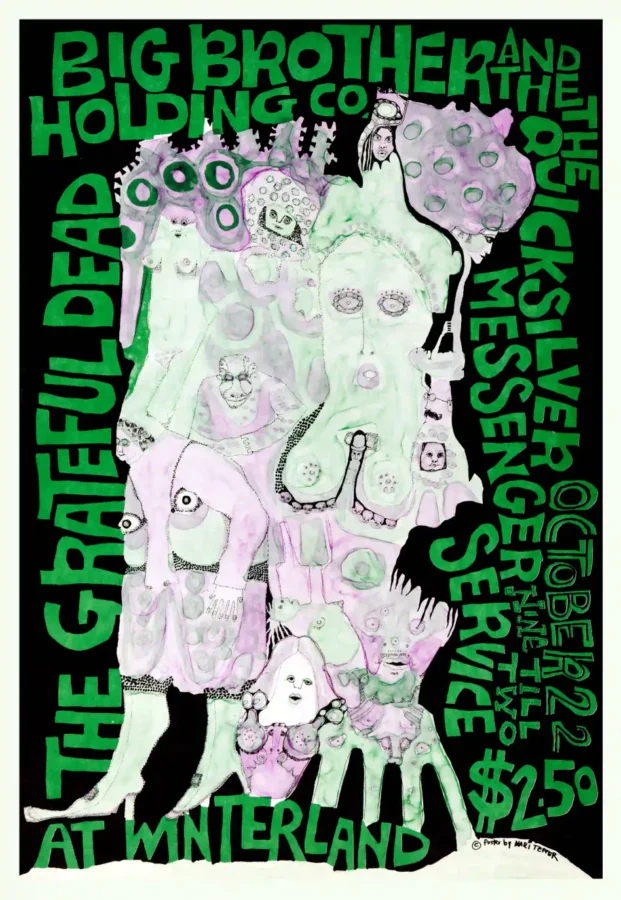 Grateful Dead, BBHC with Janis Joplin poster with light gray, deep green, and black artwork and period lettering.