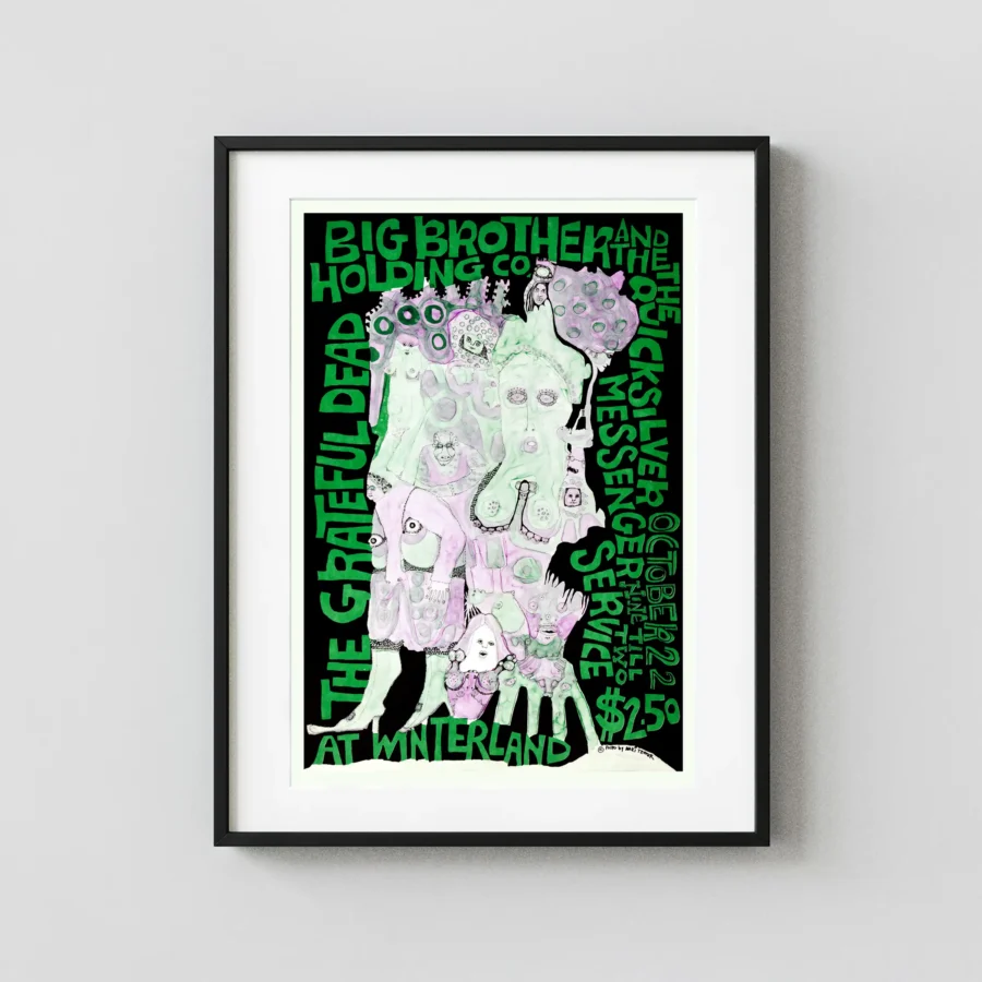 Grateful Dead, BBHC with Janis Joplin poster with light gray, deep green, and black artwork and period lettering.