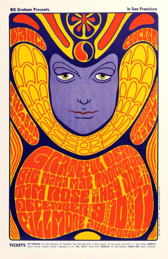 Grateful Dead, Big Mama Thornton 1966 Fillmore Poster featuring orange, cream, and yellow vertical artwork.