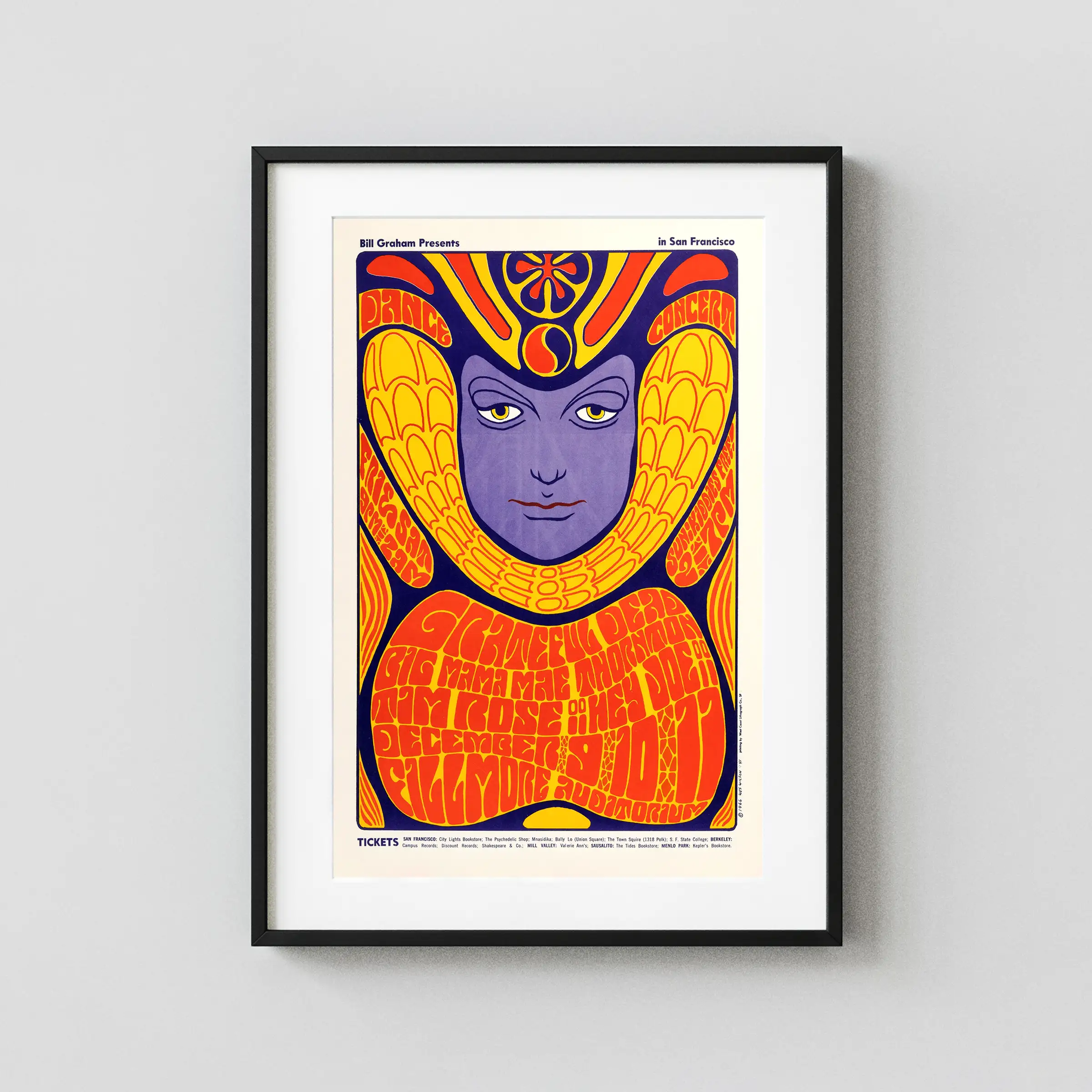 Grateful Dead, Big Mama Thornton 1966 Fillmore Poster featuring orange, cream, and yellow vertical artwork.