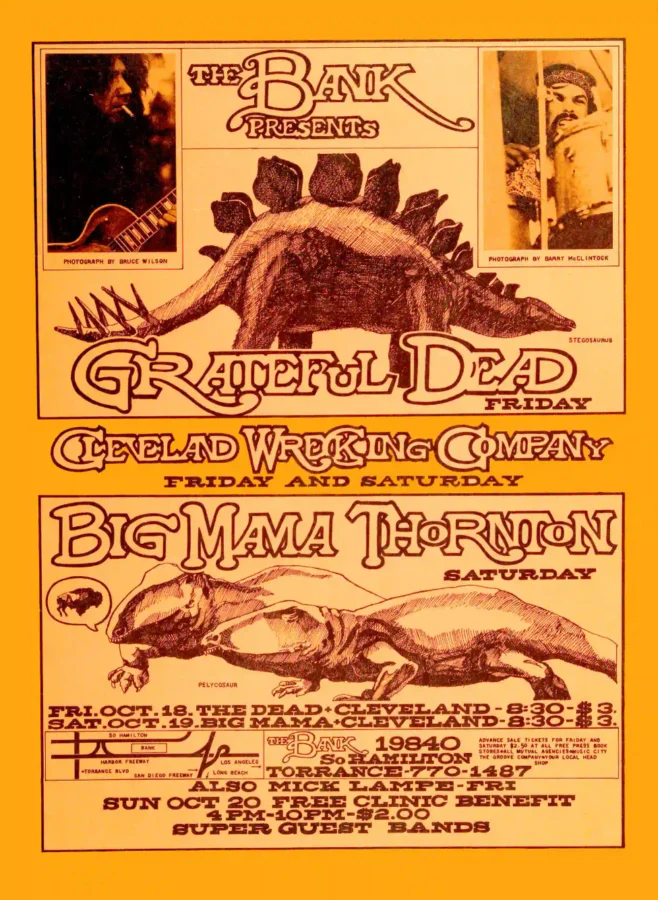 Grateful Dead, Big Mama Thornton 1968 Torrance, CA Concert Poster featuring orange, yellow, and white vertical artwork.
