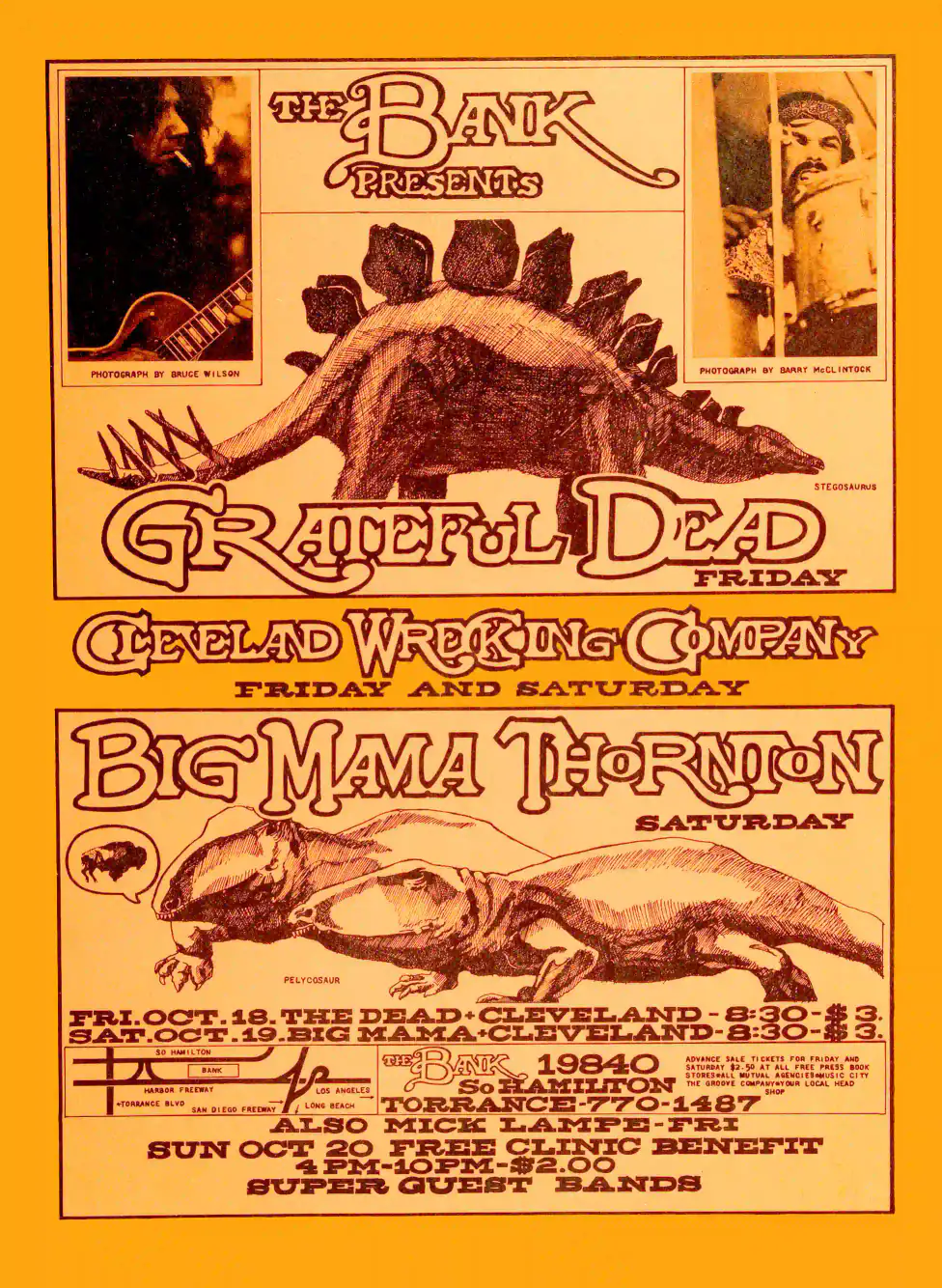 Grateful Dead, Big Mama Thornton 1968 Torrance, CA Concert Poster featuring orange, yellow, and white vertical artwork.