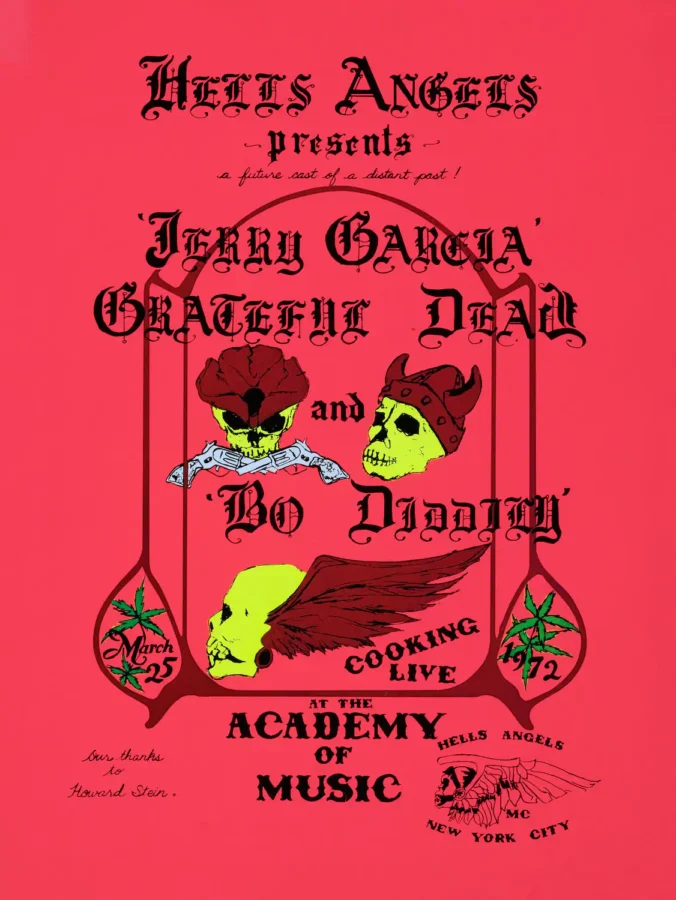 Grateful Dead, Bo Diddley poster with red, white, and burgundy artwork and period lettering.