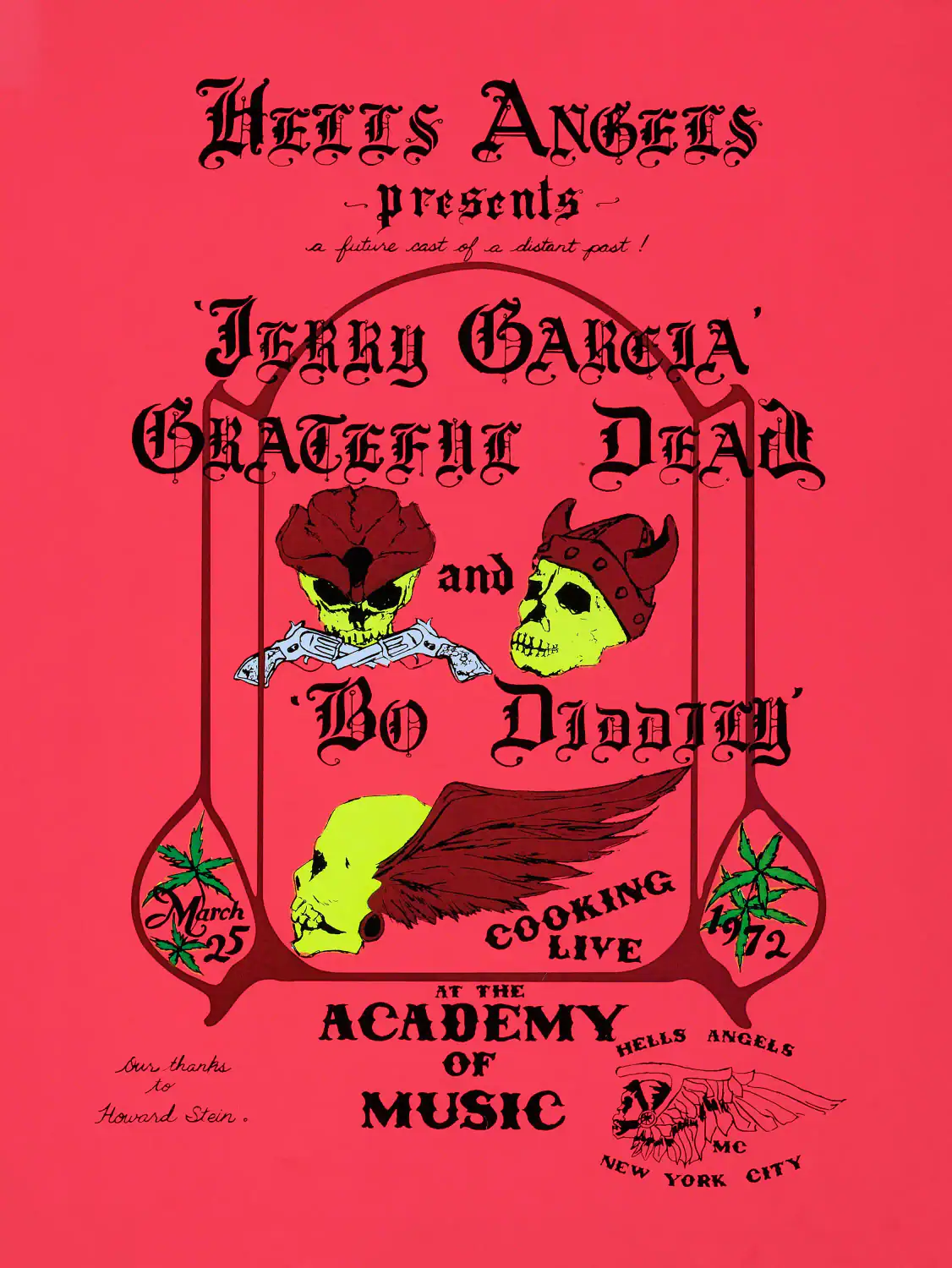 Grateful Dead, Bo Diddley poster with red, white, and burgundy artwork and period lettering.