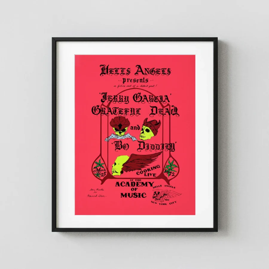 Grateful Dead, Bo Diddley poster with red, white, and burgundy artwork and period lettering.