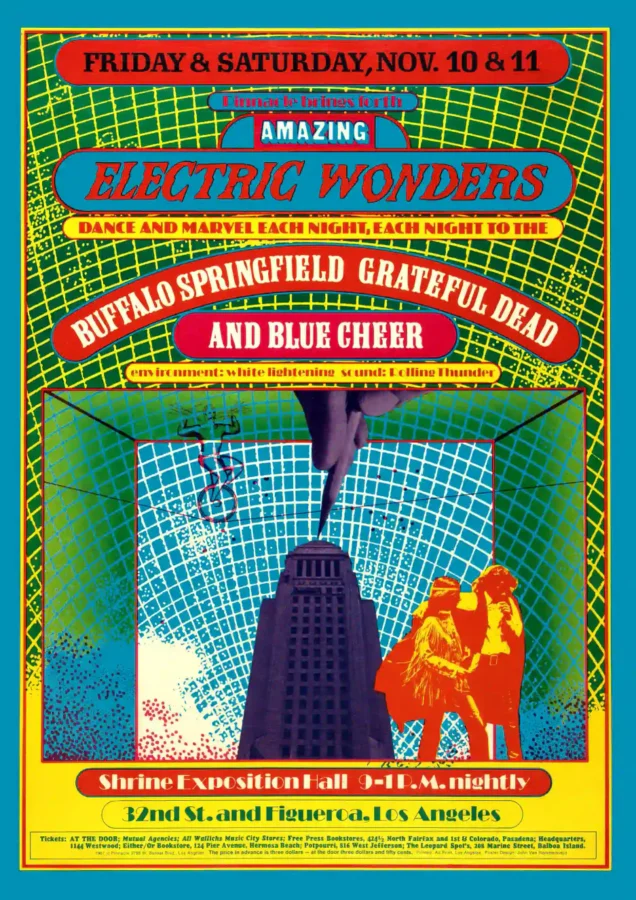 Grateful Dead, Buffalo Springfield poster with blue, white, and deep green artwork and period lettering.