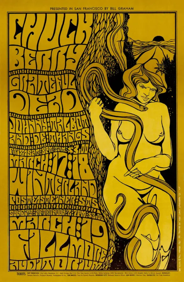 Grateful Dead, Chuck Berry 1967 Fillmore & Winterland Concert Poster featuring yellow and white vertical artwork.
