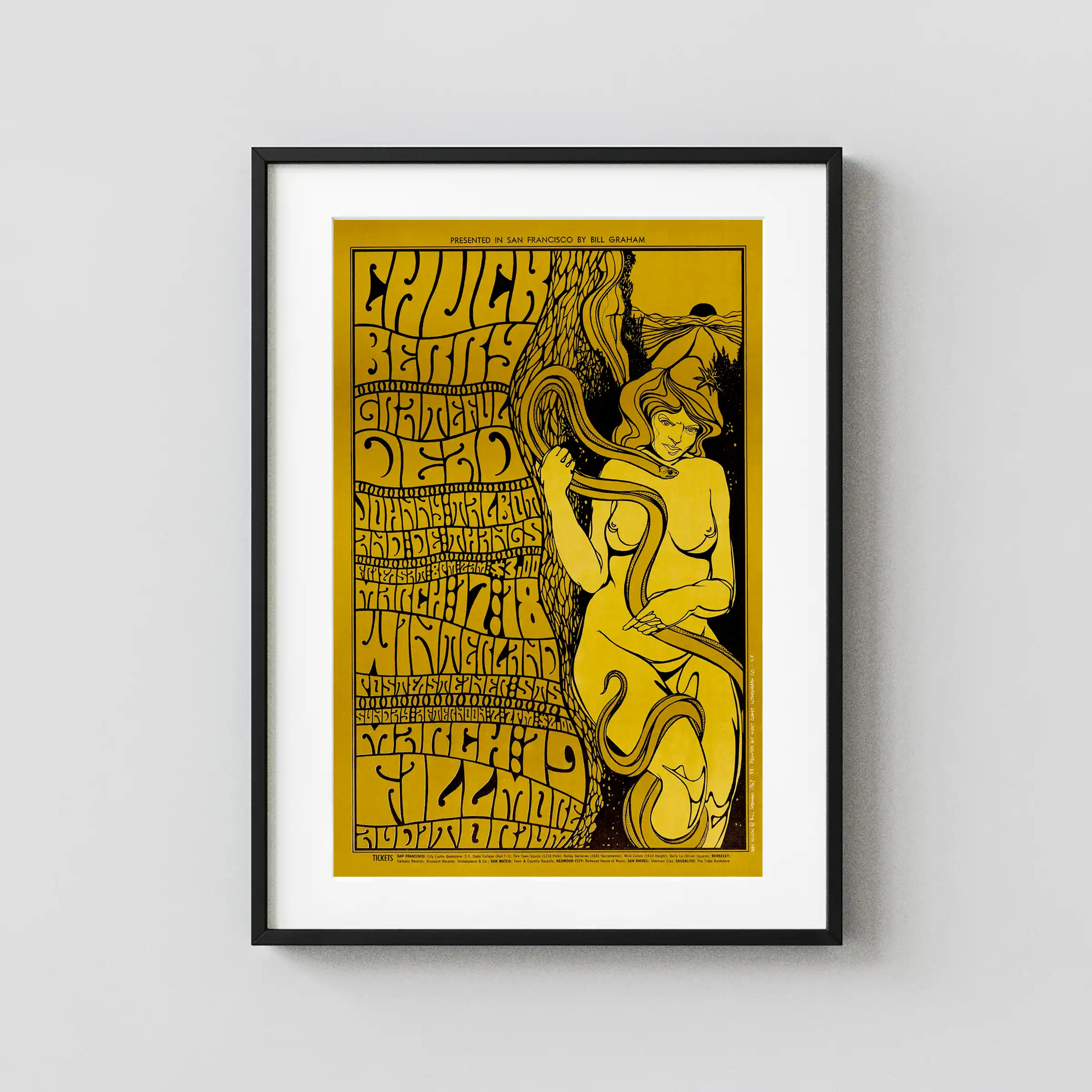 Grateful Dead, Chuck Berry 1967 Fillmore & Winterland Concert Poster featuring yellow and white vertical artwork.