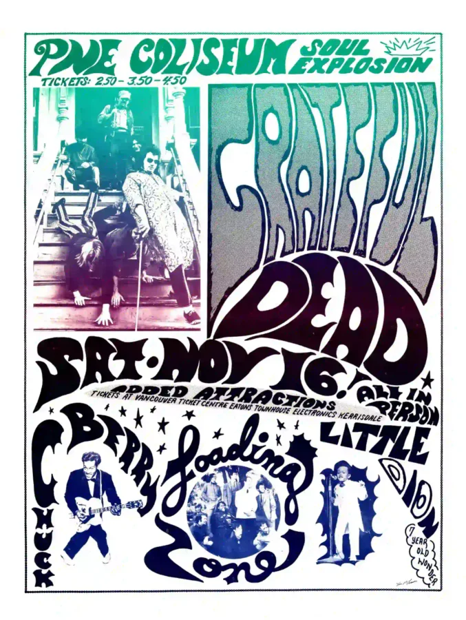 Grateful Dead, Chuck Berry poster with white, gray, and teal artwork and period lettering.
