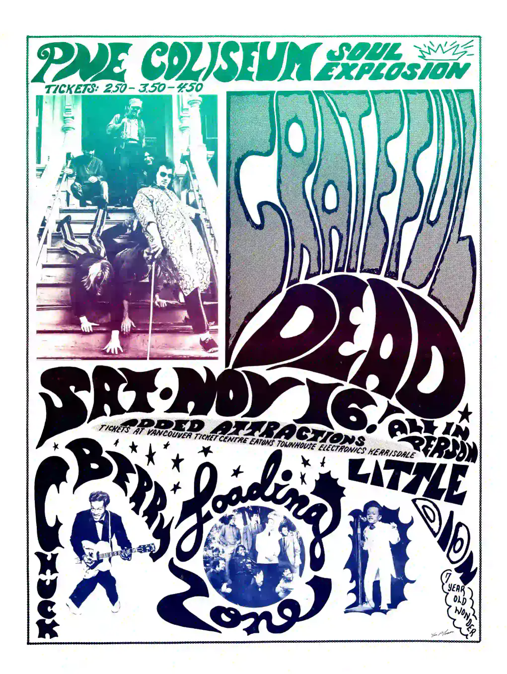 Grateful Dead, Chuck Berry poster with white, gray, and teal artwork and period lettering.