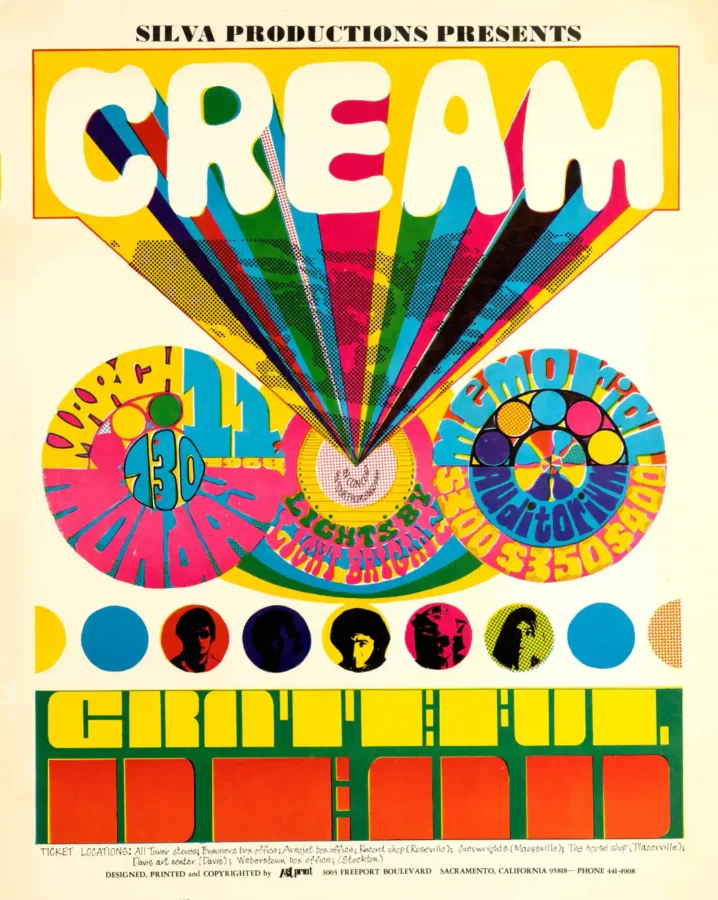 Grateful Dead, Cream 1968 Sacramento, CA Concert Poster featuring cream, yellow, and orange vertical artwork.