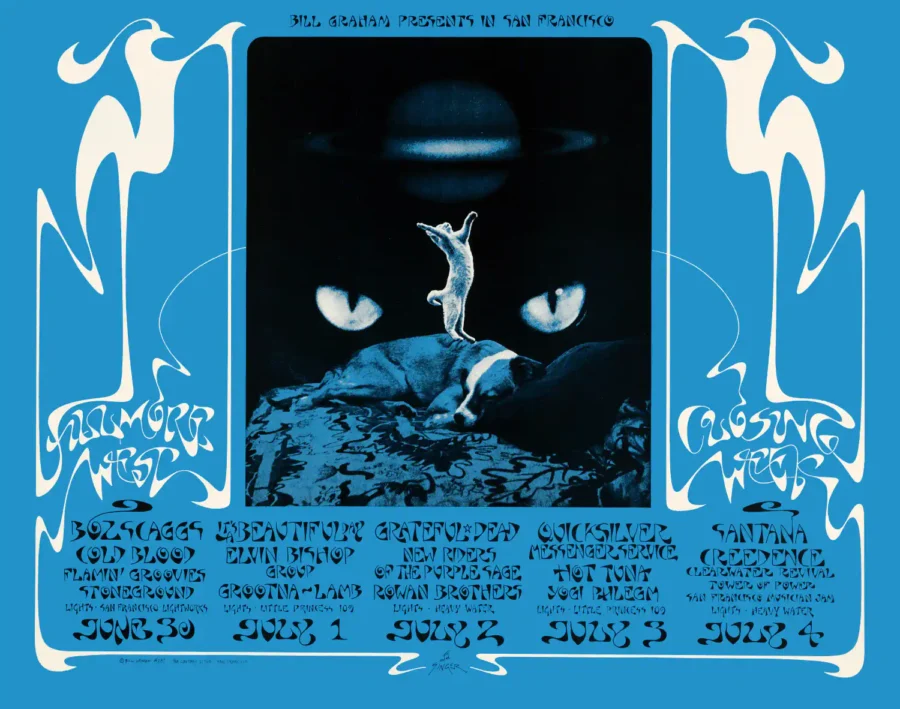 Grateful Dead Fillmore West Concert Poster featuring white, black, and blue vertical artwork.