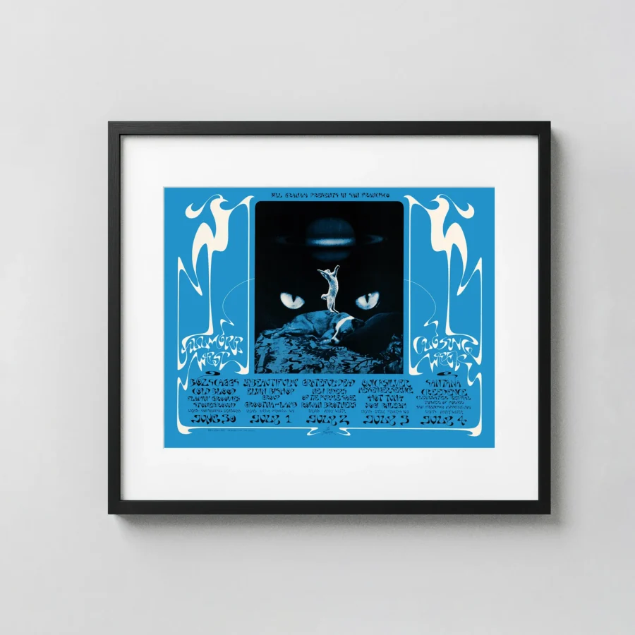 Grateful Dead Fillmore West Concert Poster featuring white, black, and blue vertical artwork.