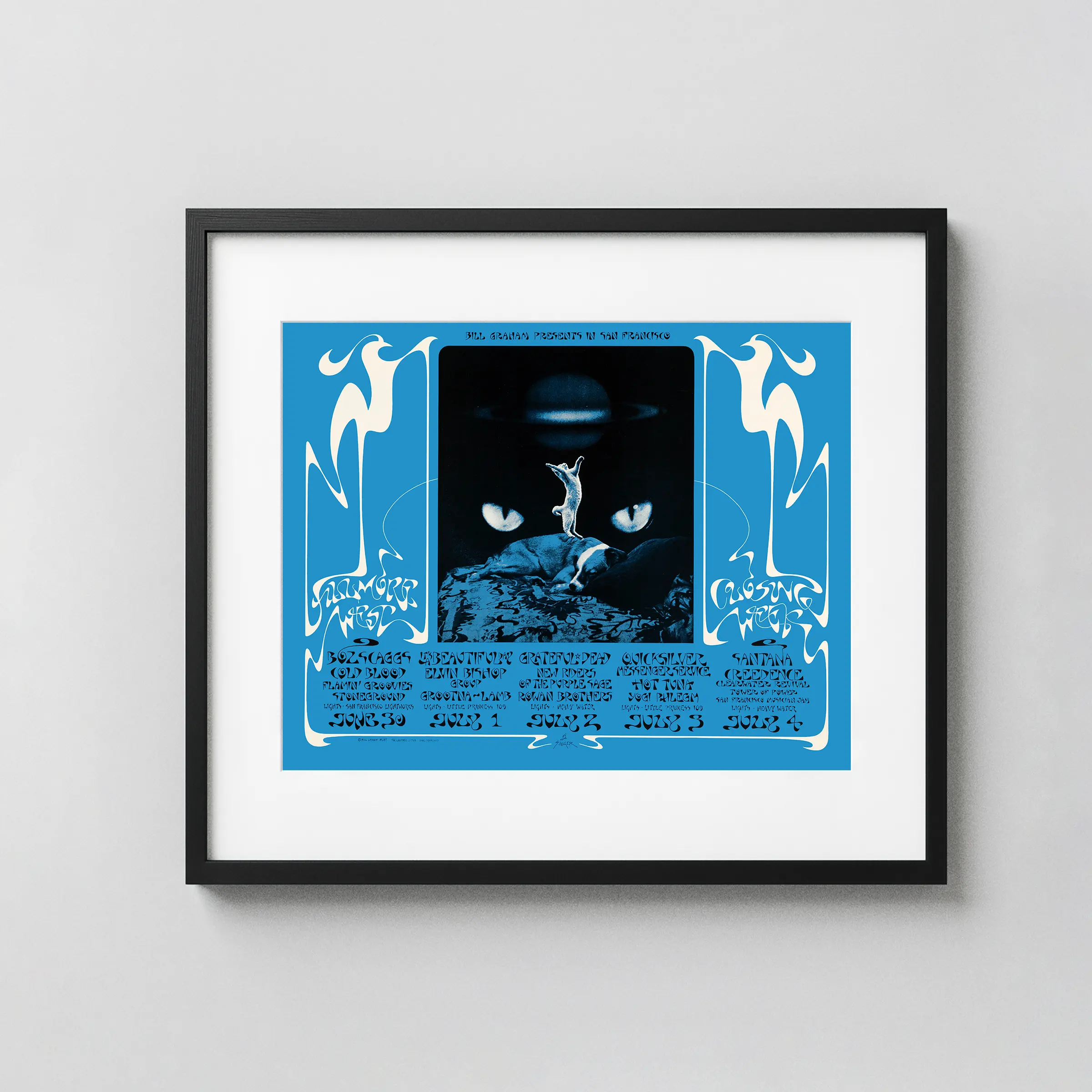 Grateful Dead Fillmore West Concert Poster featuring white, black, and blue vertical artwork.