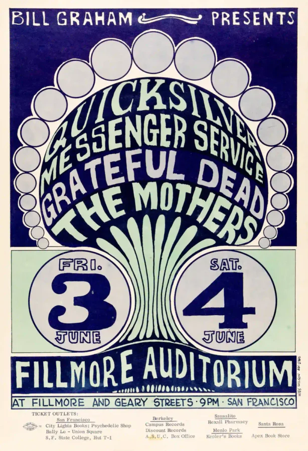 Grateful Dead, Frank Zappa, Mothers poster with gray, cream, and navy artwork and period lettering.